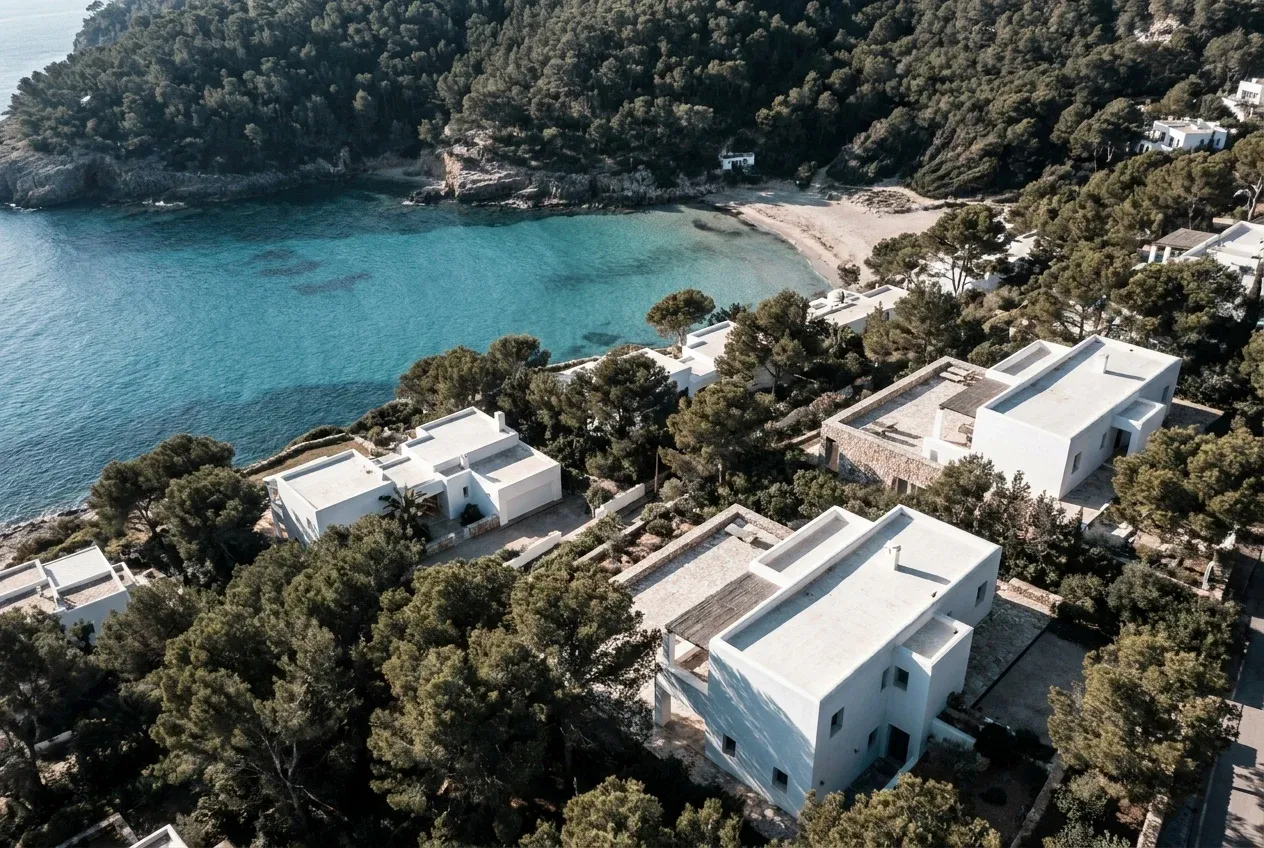 Aerial view of the Ibiza coastline with white villas among pine trees above a cove