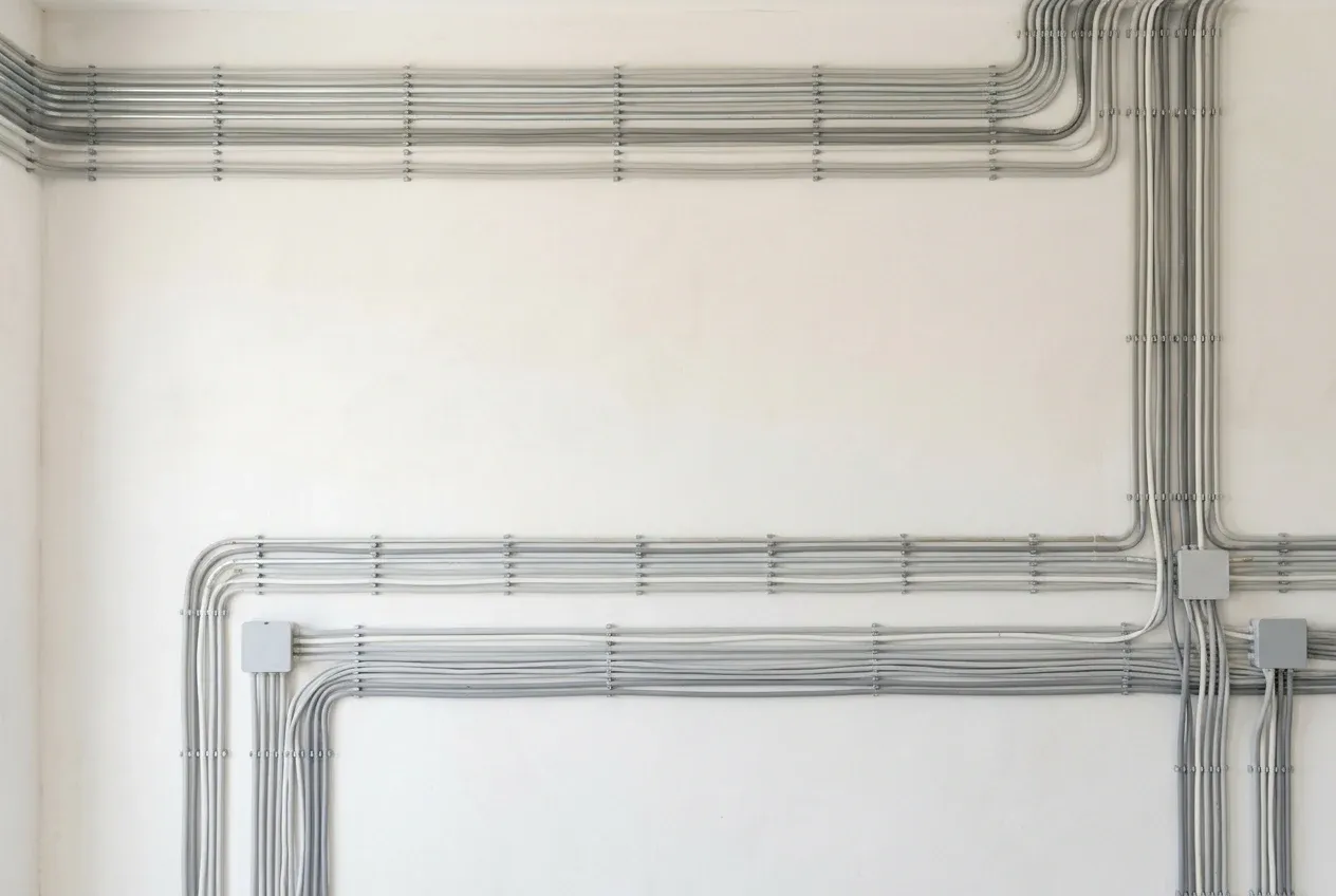 Electrical conduit and cabling routed in parallel lines across a white plaster villa wall