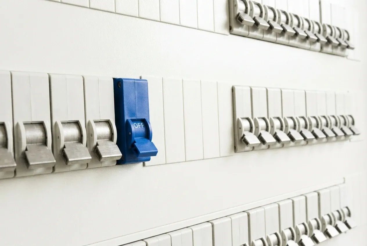 Close-up of a distribution board with a single circuit breaker switched off among aligned breakers