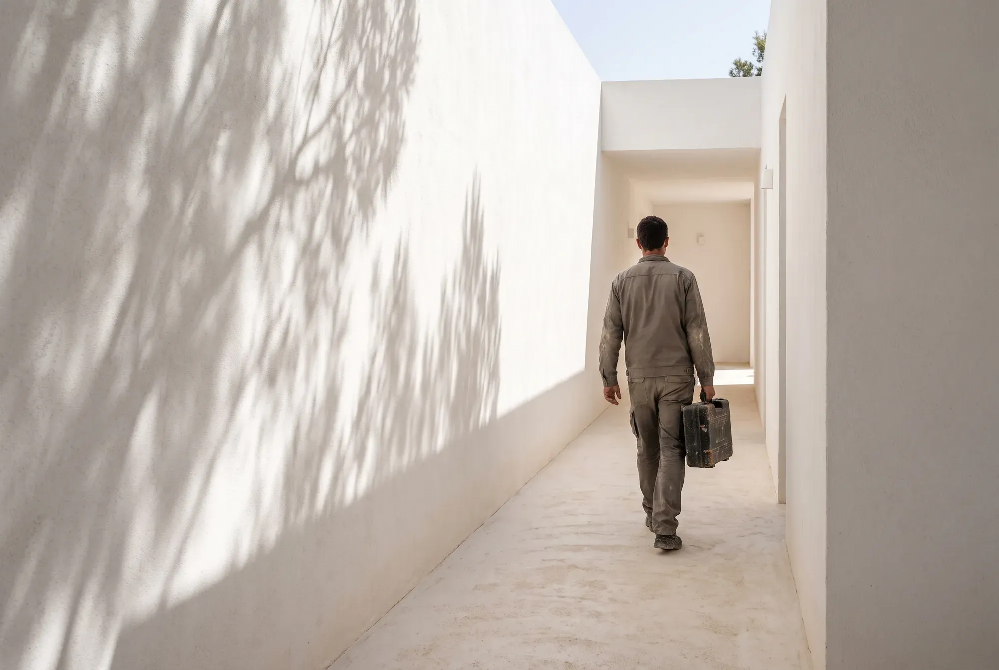 Technician walking along the white exterior corridor of an Ibizan villa carrying a tool case