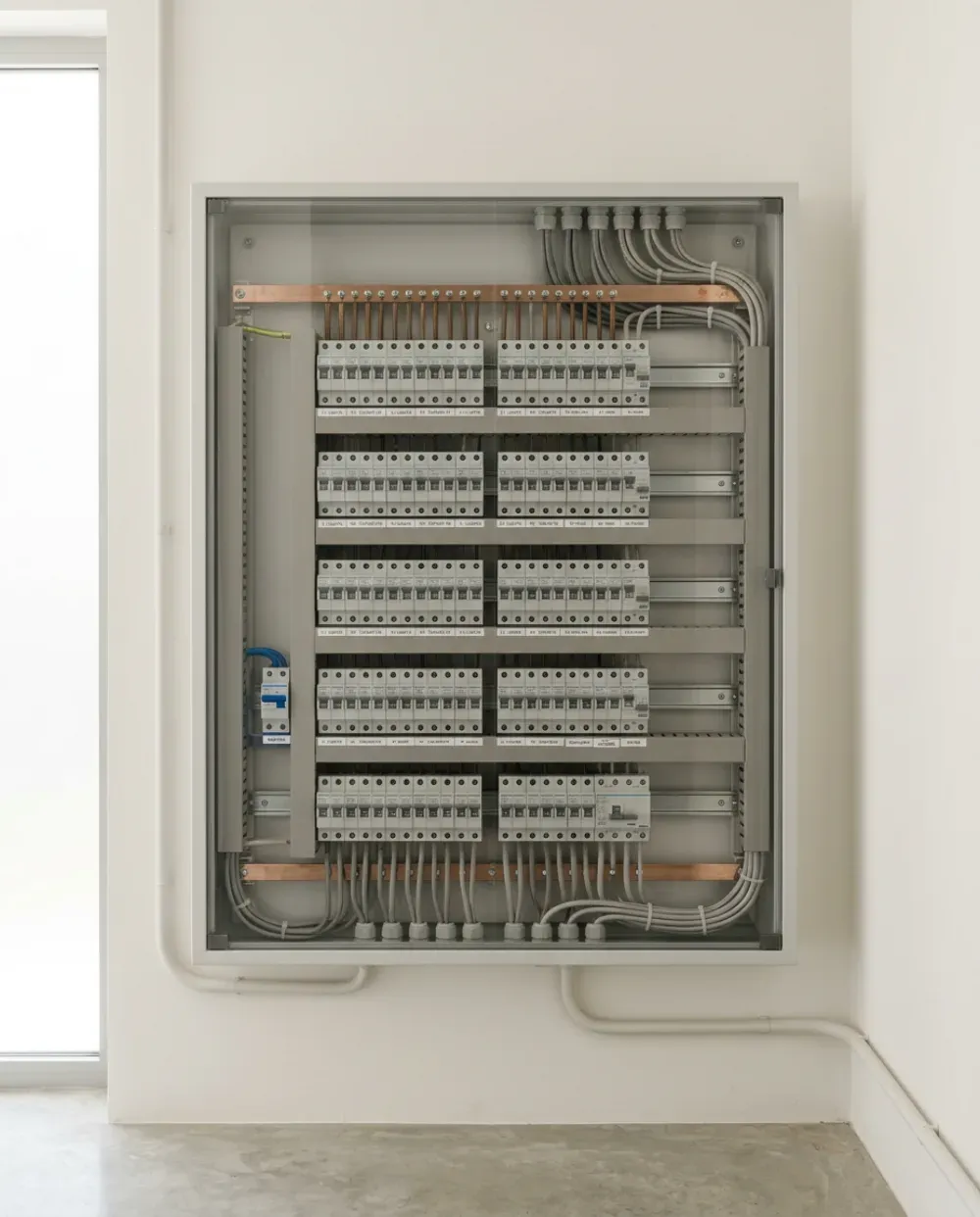 Immaculate electrical distribution board with labelled breakers in a white villa plant room